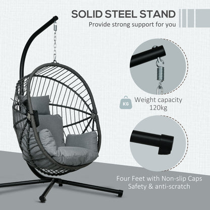 Outsunny Outdoor Patio Hanging Swing Chair, Thick Padded Cushion With Metal Stand, Foldable Basket For Indoor And Outdoor - Grey