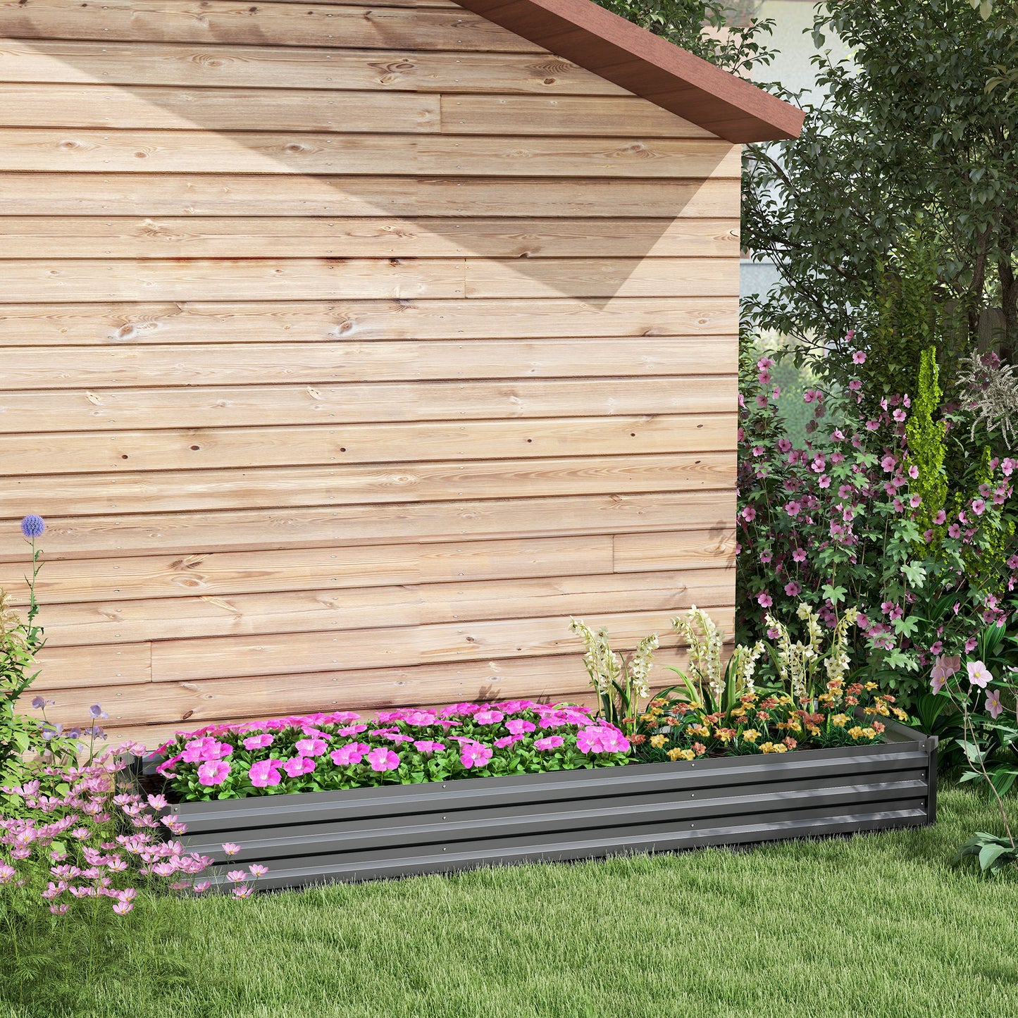 Large Galvanised Steel Raised Garden Bed | Powder-Coated | Open Bottom | Interior Support Brackets | 4 Protective Corners | Flat Safe Top | 240x60x30cm | Flowers Herbs & Veg | Dark Grey