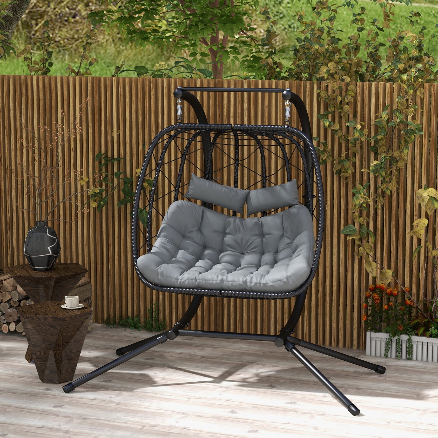 Outdoor PE Rattan Double-seater Swing Chair With Thick Padded Cushion, Patio Hanging For Two With Metal Stand  Headrest For Indoor and Outdoor, Black