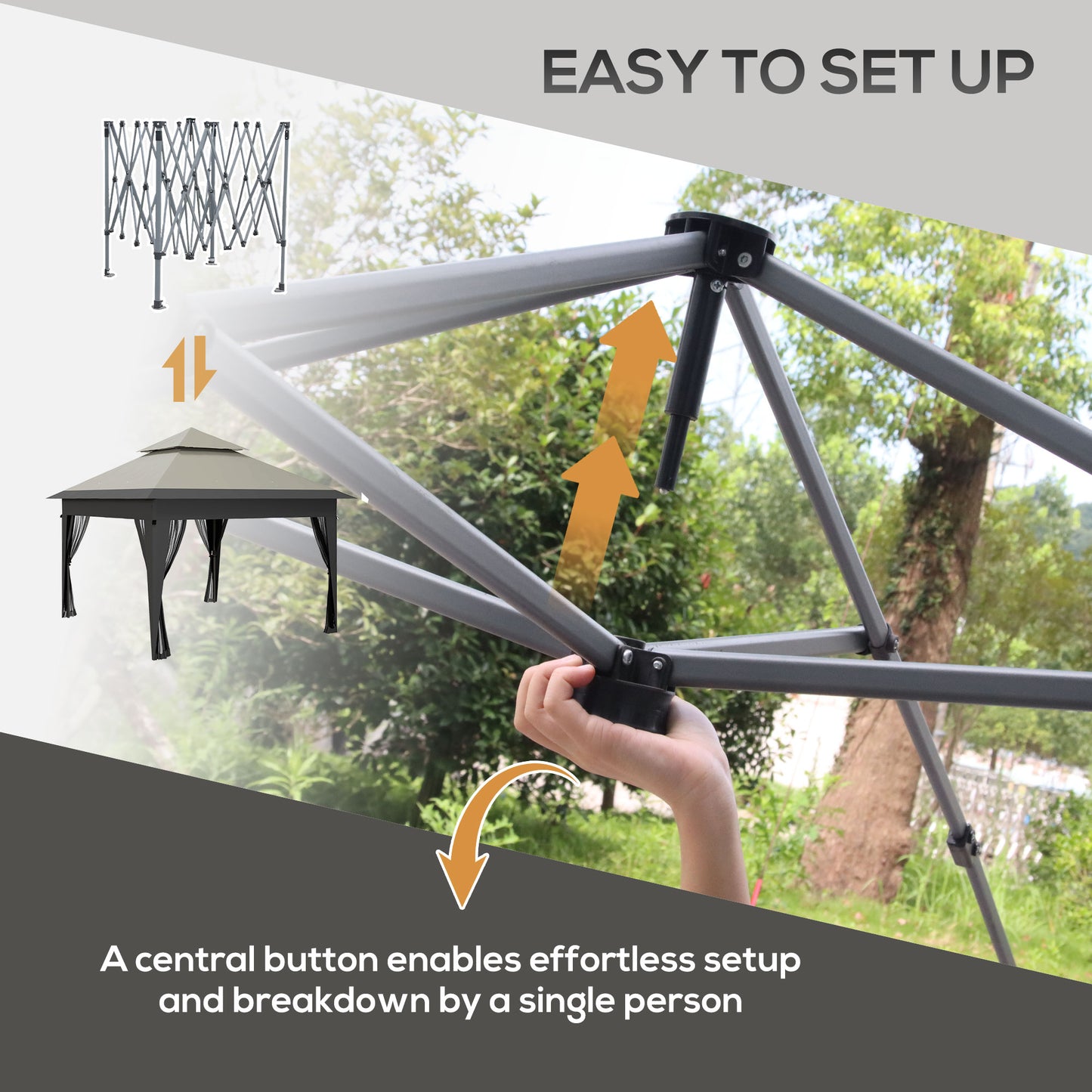 Outsunny 3 x 3(m) Pop Up Gazebo with Mosquito Netting, 1 Person Easy up Marquee Party Tent 1-Button Push Double Roof Carry Bag, Sandbags Grey