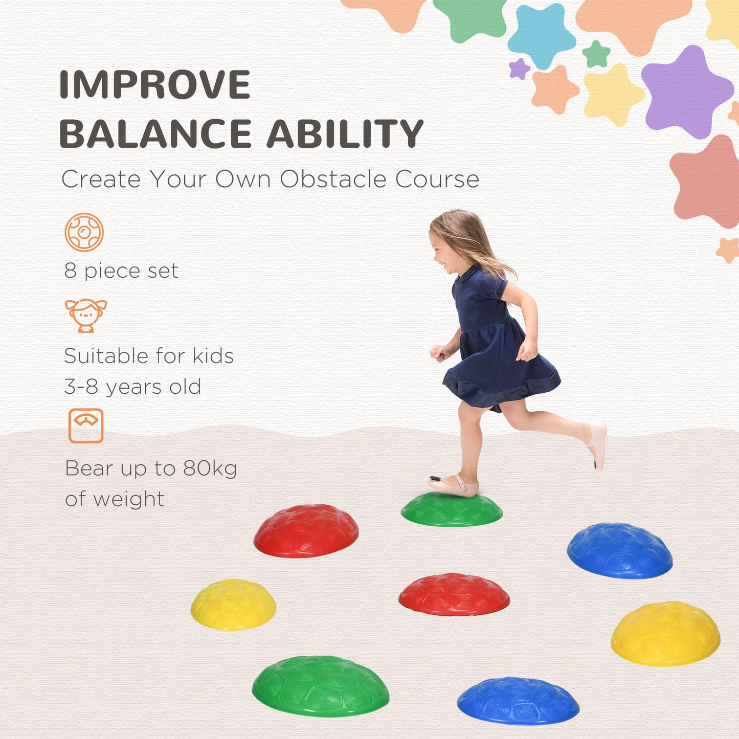 ZONEKIZ 8 Piece Kids Stepping Stones with Non-Slip Mats, Balance River Stones Indoor Outdoor Sensory Toys for 3-8 Years Old