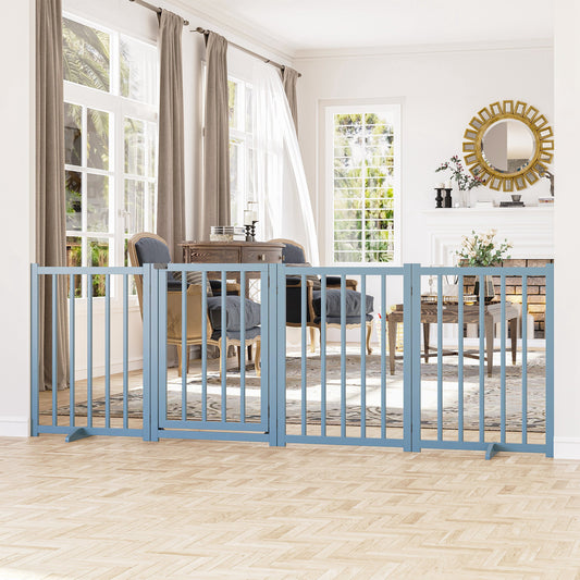 Pet Gate for Small and Medium Dogs, Freestanding Wooden Foldable Dog Safety Barrier W/ 4 Panels, 2 Support Feet for Doorways, Stairs, Blue