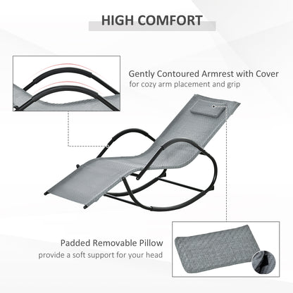 Outsunny Rocking Chair Zero Gravity Rocking Lounge Chair Rattan Effect Patio Rocker w/ Removable Pillow Recliner Seat Breathable Texteline - Grey