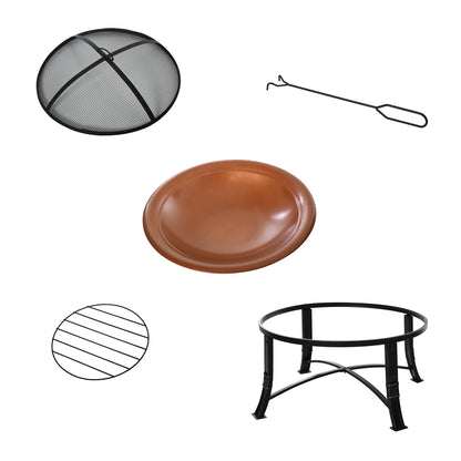 Outsunny Metal Large Firepit Bowl Outdoor Round Fire Pit w/ Lid, Log Grate, Poker for Backyard, Camping, Picnic, Bonfire, 76 x 76 x 49.5cm, Bronze