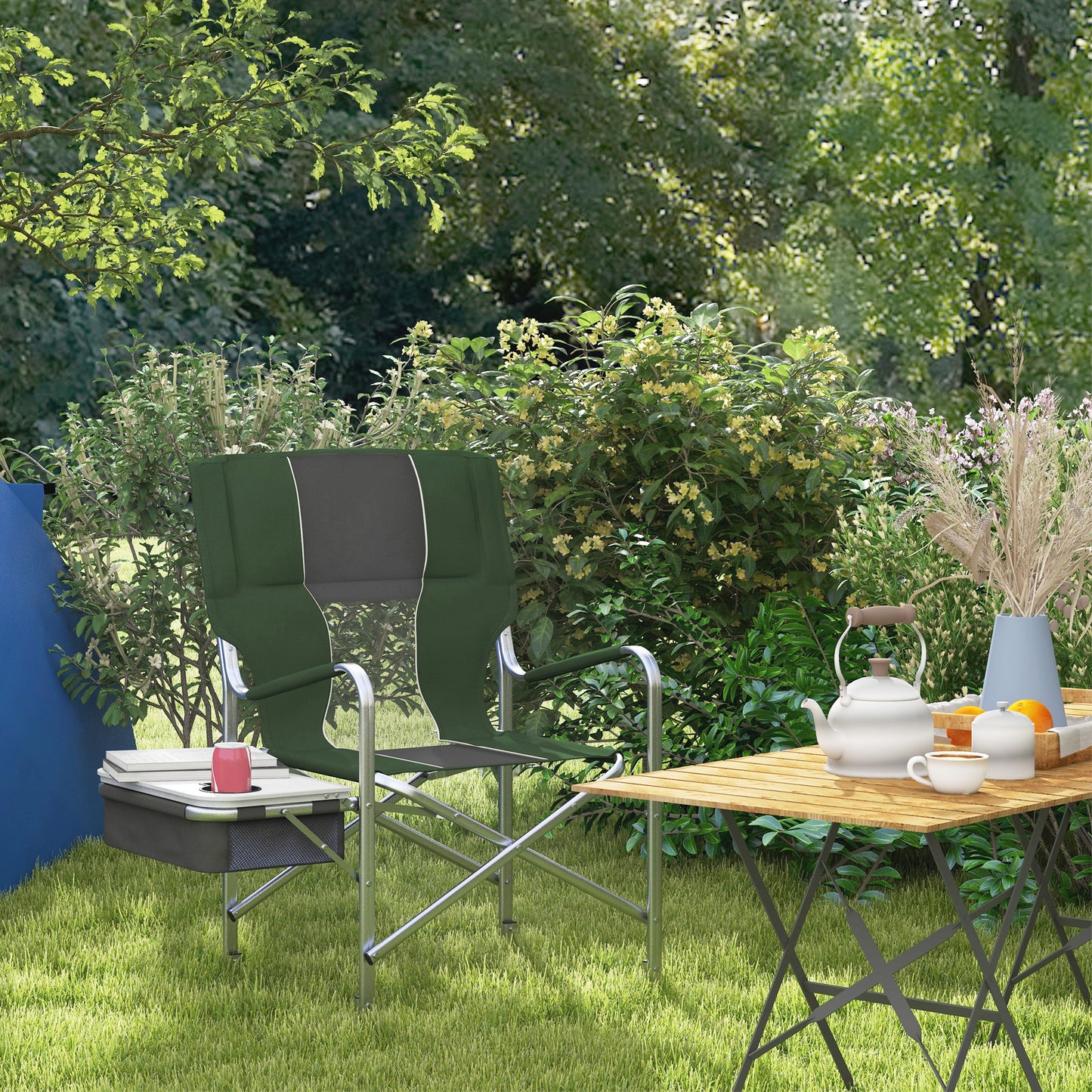 Outsunny Aluminium Directors Chair, Folding Camping Chair for Adults with Side Table, Cup Holder, Cooler Bag and Pocket, Green