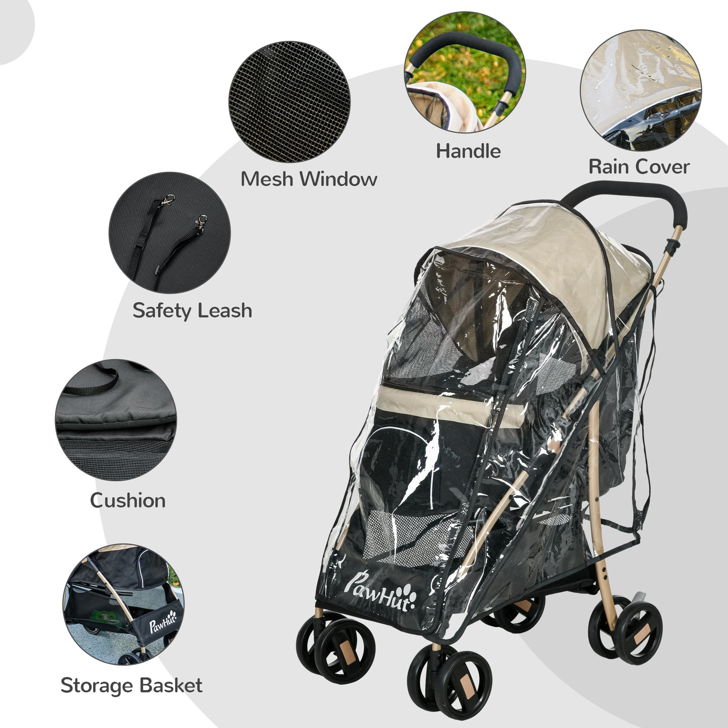 PawHut Oxford Pet Stroller for Small Minature Dogs with Rain Cover Dark Khaki
