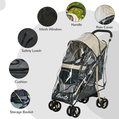 PawHut Oxford Pet Stroller for Small Minature Dogs with Rain Cover Dark Khaki