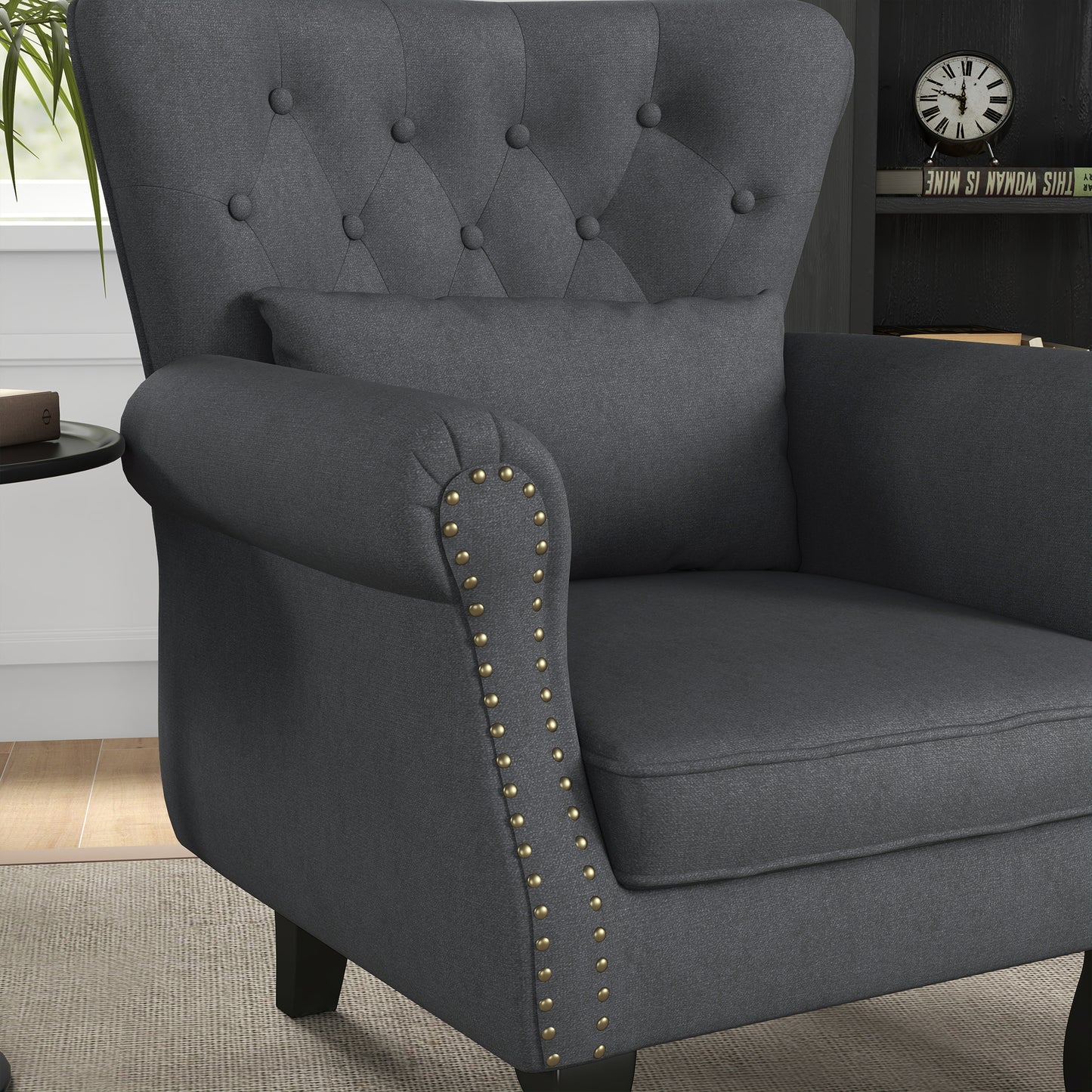 Chesterfield-style Accent Chair, Tufted Wingback Armchair with Pillow, Nailhead Trim for Living Room, Bedroom, Dark Grey