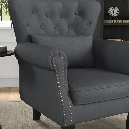 Chesterfield-style Accent Chair, Tufted Wingback Armchair with Pillow, Nailhead Trim for Living Room, Bedroom, Dark Grey