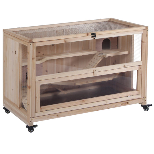 Wooden Hamster Cage, Mice Rodent Small Animals Kit Hutch, 3 Tiers Exercise Play House W/ Wheels, Bottom Tray, 99 x 50 x 69 cm, Natural Wood