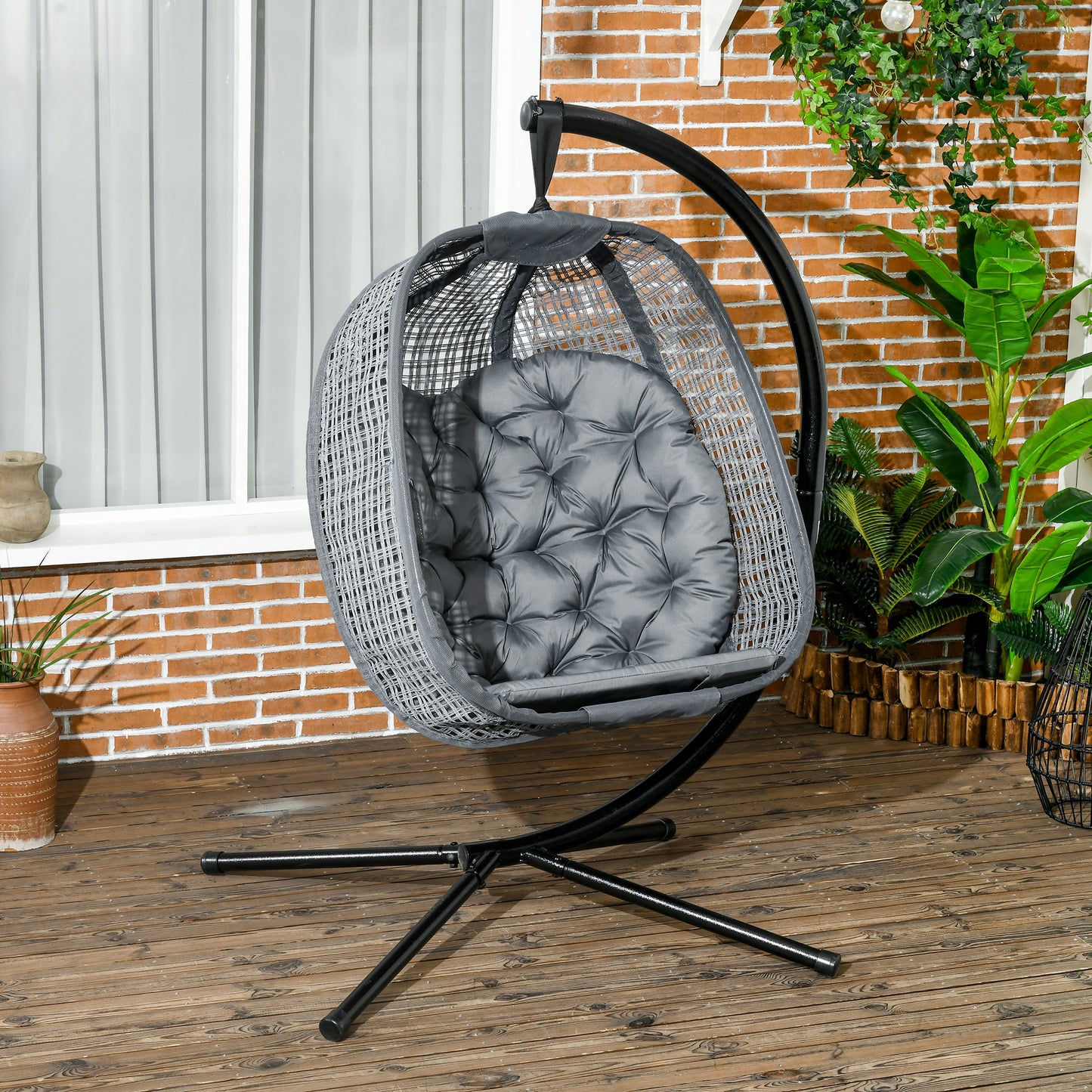 Outsunny Outdoor Swing Chair w/ Thick Padded Cushion, Patio Hanging Chair w/ Metal Stand, Foldable Basket, Cup Holder, Dark Grey