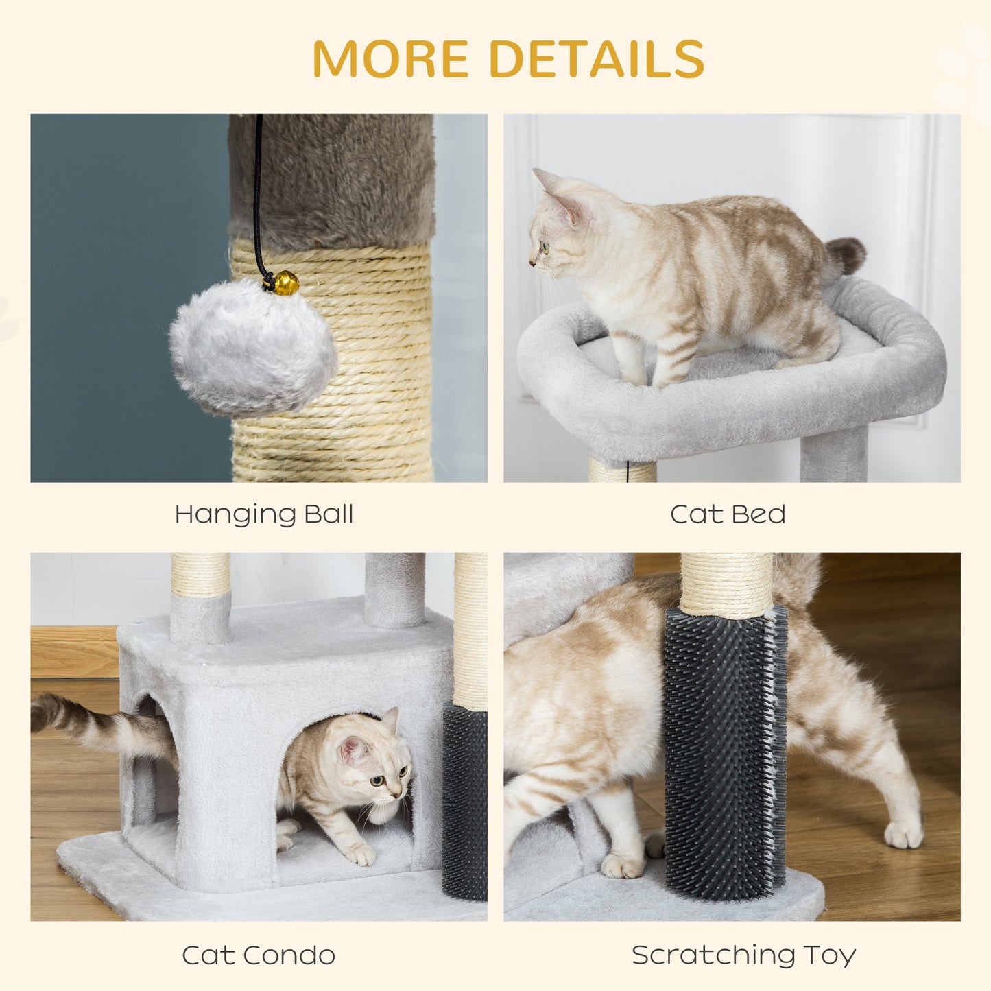 PawHut Cat Tree Tower Climbing Activity Center Kitten Furniture with Sisal Post Scratching Massage Toy 48 x 48 x 80cm Light Grey
