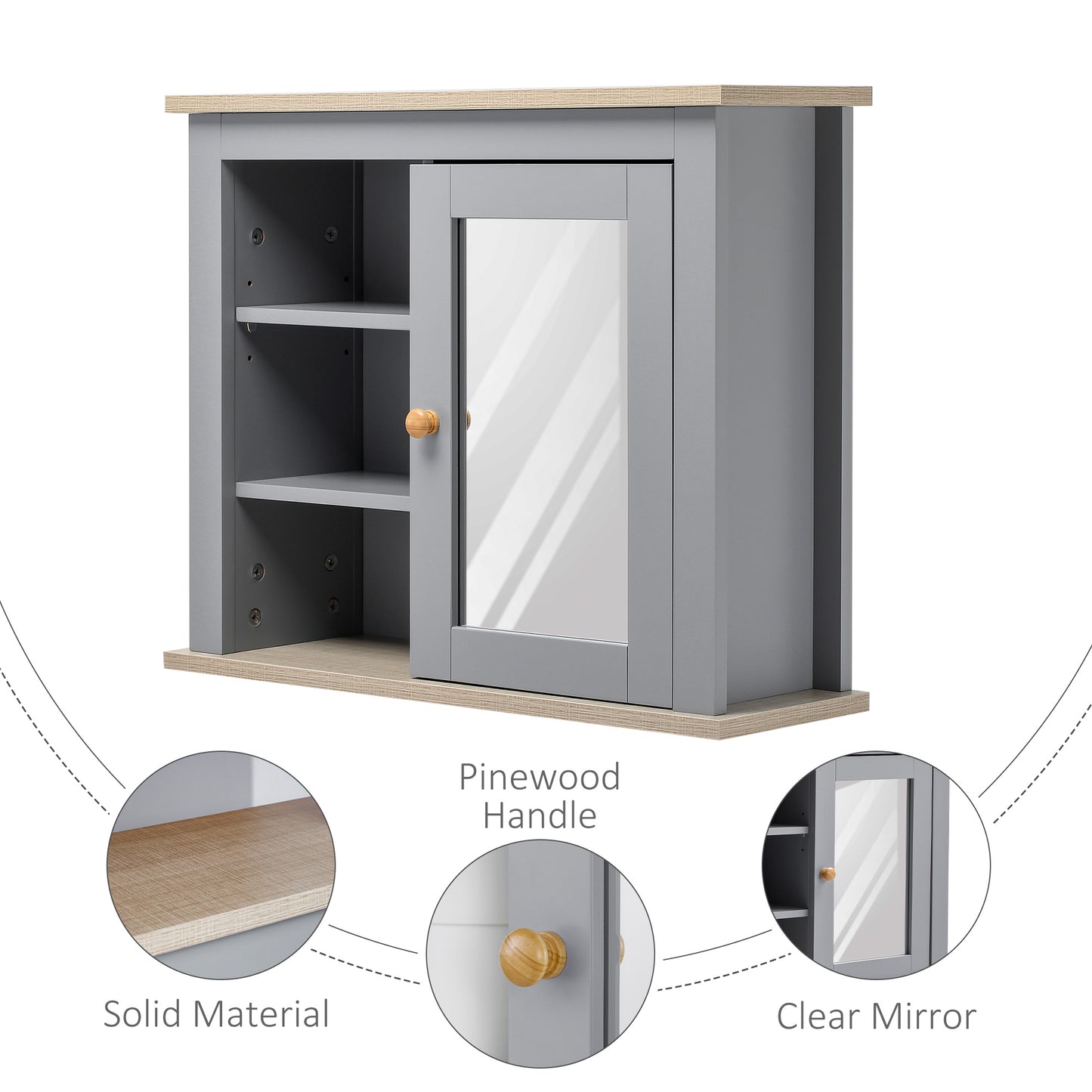 Kleankin Bathroom Wall Mirror Cabinet, Cupboard with Door, Storage Cabinet with Adjustable Shelf for Corridors Living Rooms, Grey