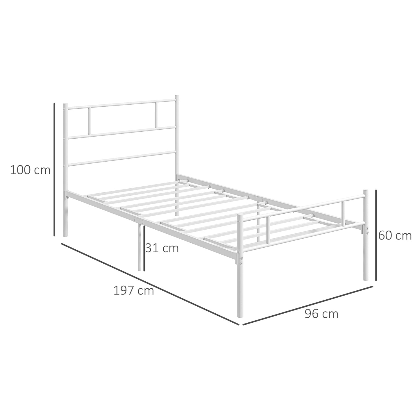 Single Bed Frame, Metal Bed Base with Headboard and Footboard, Metal Slat Support and 31cm Underbed Storage Space