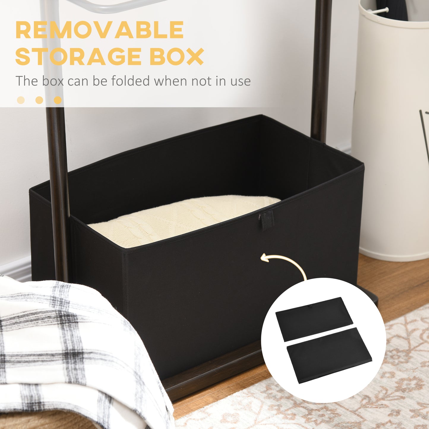 Clothes Rail, Bamboo Coat Stand, Garment Rack with Open Shelves and Fabric Storage Box for Bedroom, Hallway, Dark Walnut