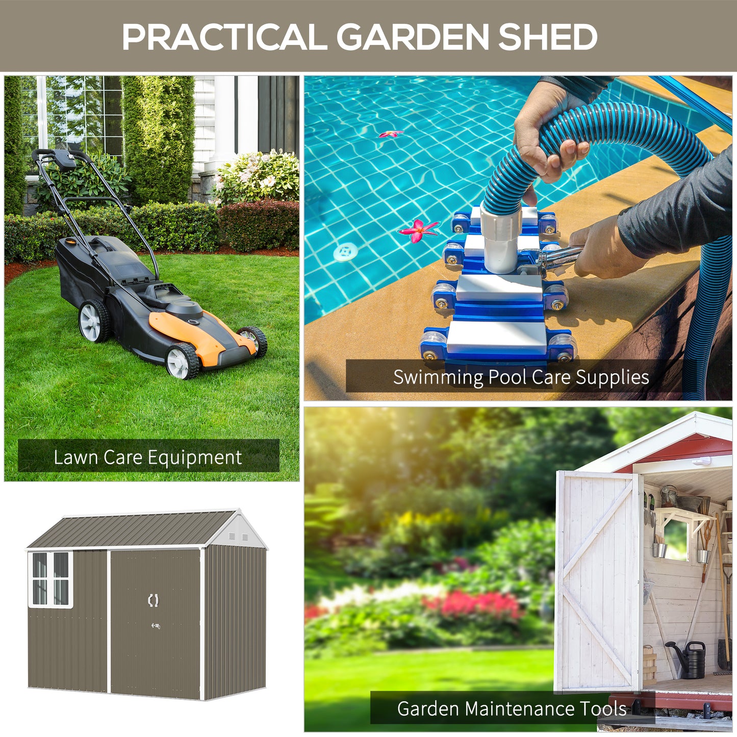 Outsunny 8 x 6 ft Galvanised Garden Shed, Outdoor Metal Storage Shed with Double Doors Window Air Vents for Patio, Lawn, Grey