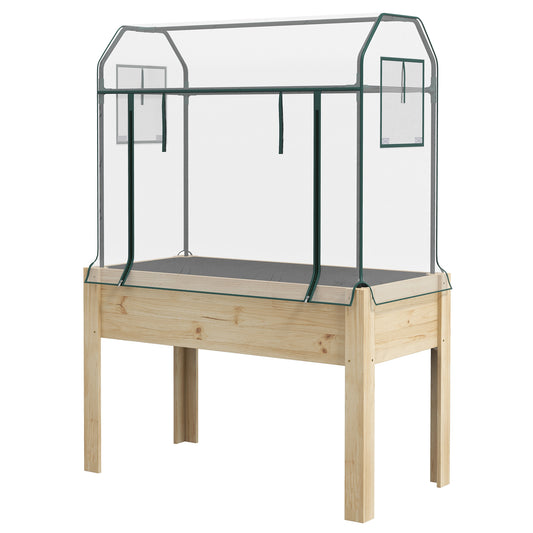 Outsunny Wooden Planter Box with Greenhouse Cover and Bed Liner, Raised Garden Bed for Vegetables, Flowers, Herbs