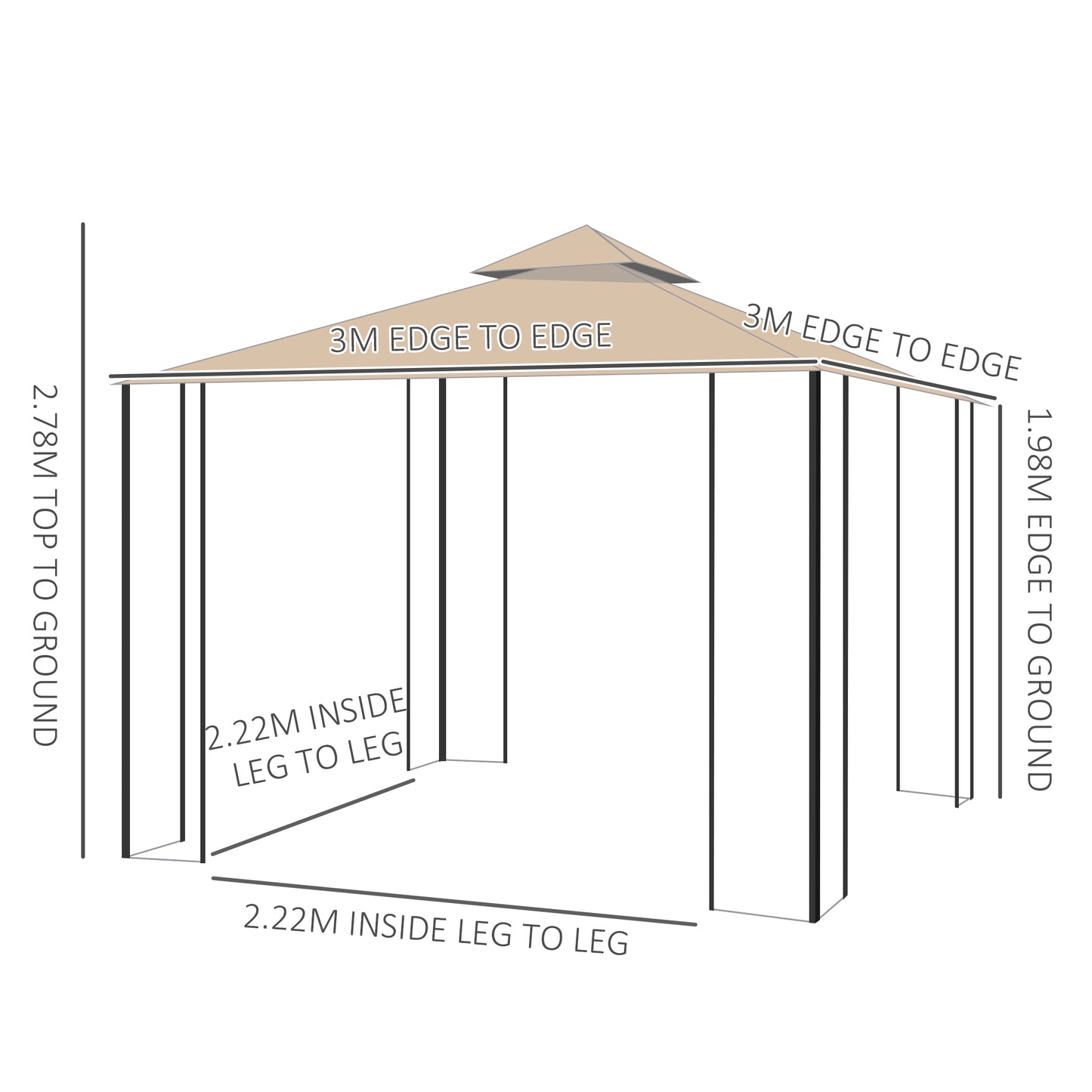 Outsunny 3x3m Garden Gazebo Tent W/Netting, 2-tier Roof