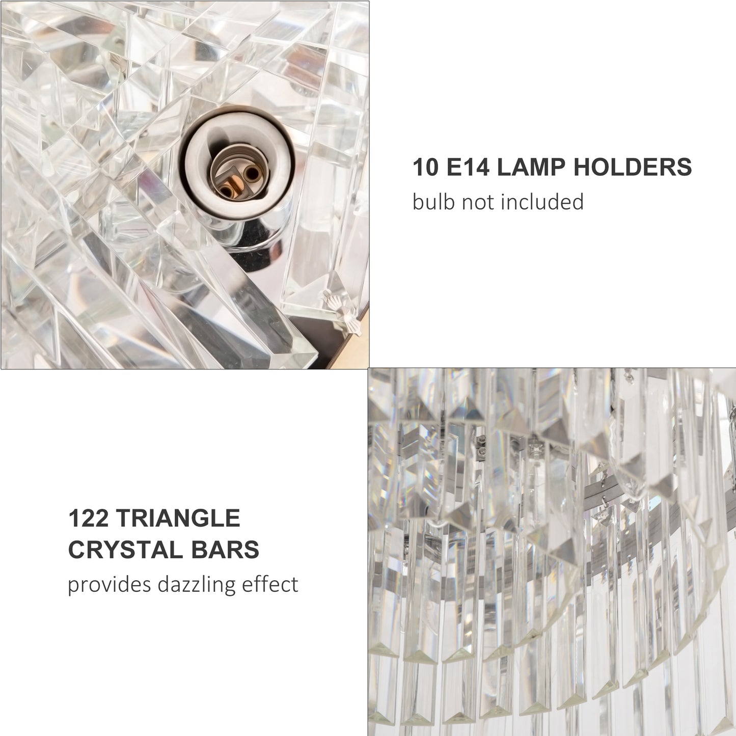 Crystal Ceiling Light Modern Chandeliers w/ Stainless Steel Base 10 Lights Elegant Flush Mount Ceiling Lighting for Living Room, Hallway, Bar