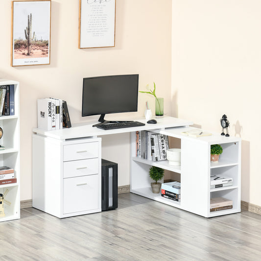 L-Shaped Computer Desk Home Office Corner Desk Study Workstation Table with Storage Shelves and Drawers, White