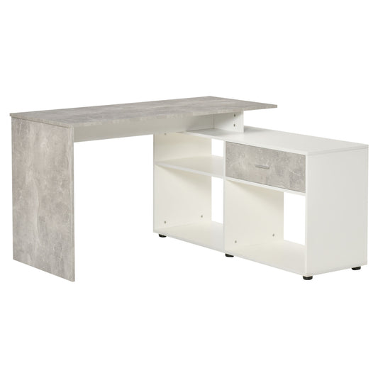 L-Shaped Computer Desk Home Office Corner Desk Study Workstation Space Saving Table with Shelves Drawer, Grey and White