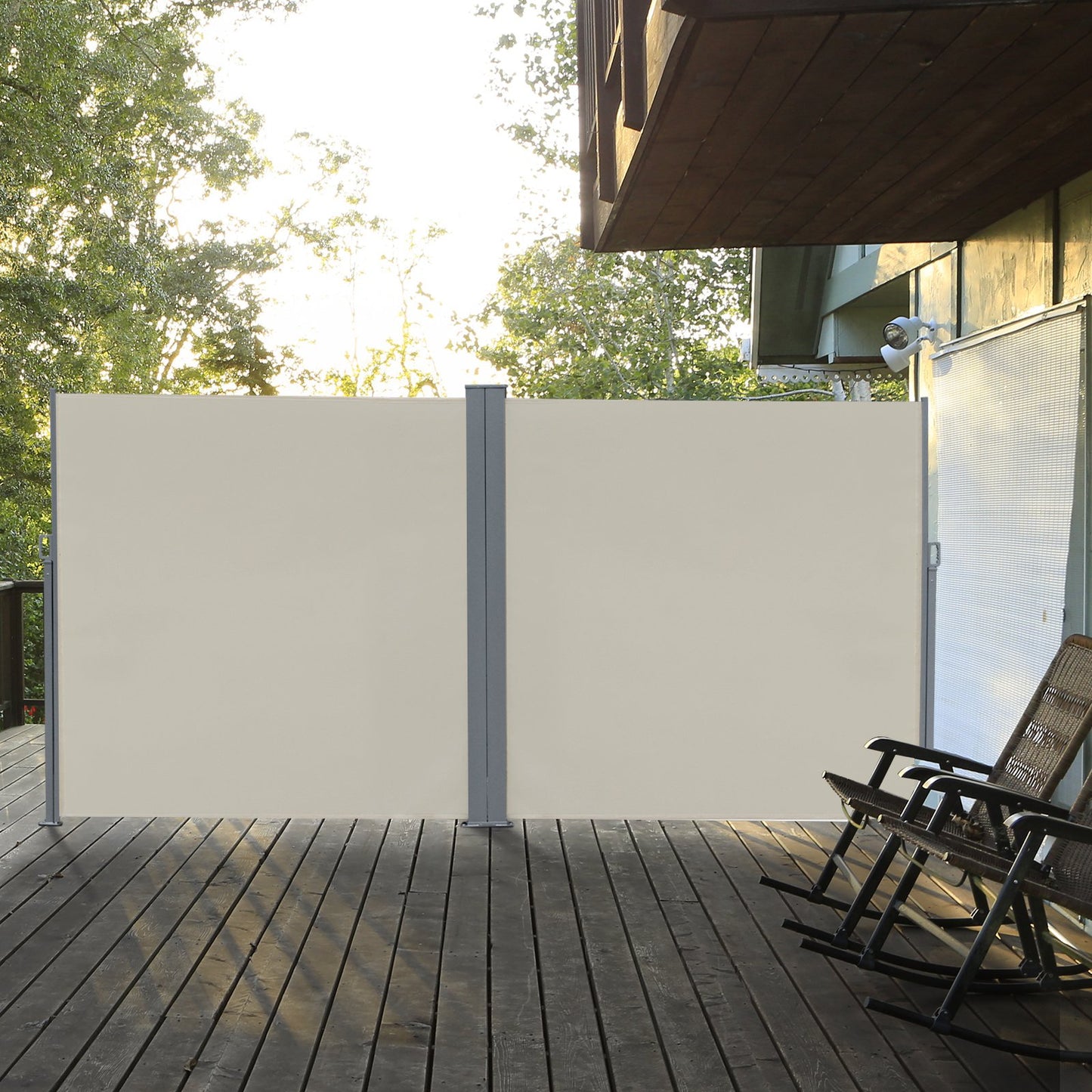 Outsunny Patio Retractable Double Side Awning, Folding Privacy Screen Fence, Privacy Wall Corner Sun Shade Wind Screen Room Divider-Cream White