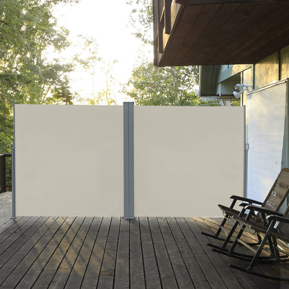 Outsunny Patio Retractable Double Side Awning, Folding Privacy Screen Fence, Privacy Wall Corner Sun Shade Wind Screen Room Divider-Cream White
