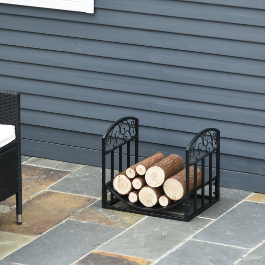 Outsunny Wrought Iron Inner Arced Wood Log Holder Indoor Outdoor Storage Shelf w/ Elegant Scrolls Rust-Resistant Stacker Black