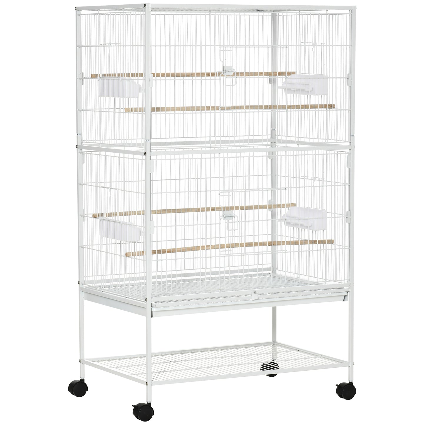 PawHut Large Bird Cage Aviary for Finch Canaries, Budgies with Rolling Stand, Slide-out Tray, Storage Shelf, Wood Perch, Food Containers, White