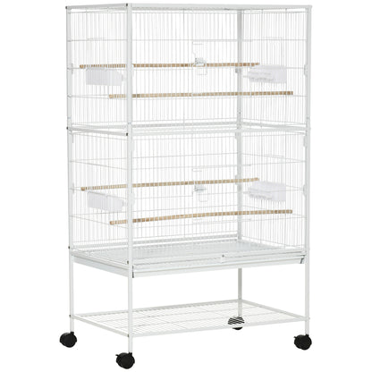 PawHut Large Bird Cage Aviary for Finch Canaries, Budgies with Rolling Stand, Slide-out Tray, Storage Shelf, Wood Perch, Food Containers, White