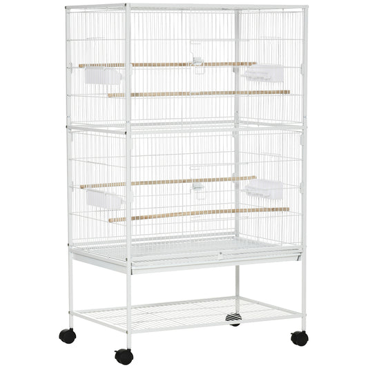 PawHut Large Bird Cage Aviary for Finch Canaries, Budgies with Rolling Stand, Slide-out Tray, Storage Shelf, Wood Perch, Food Containers, White