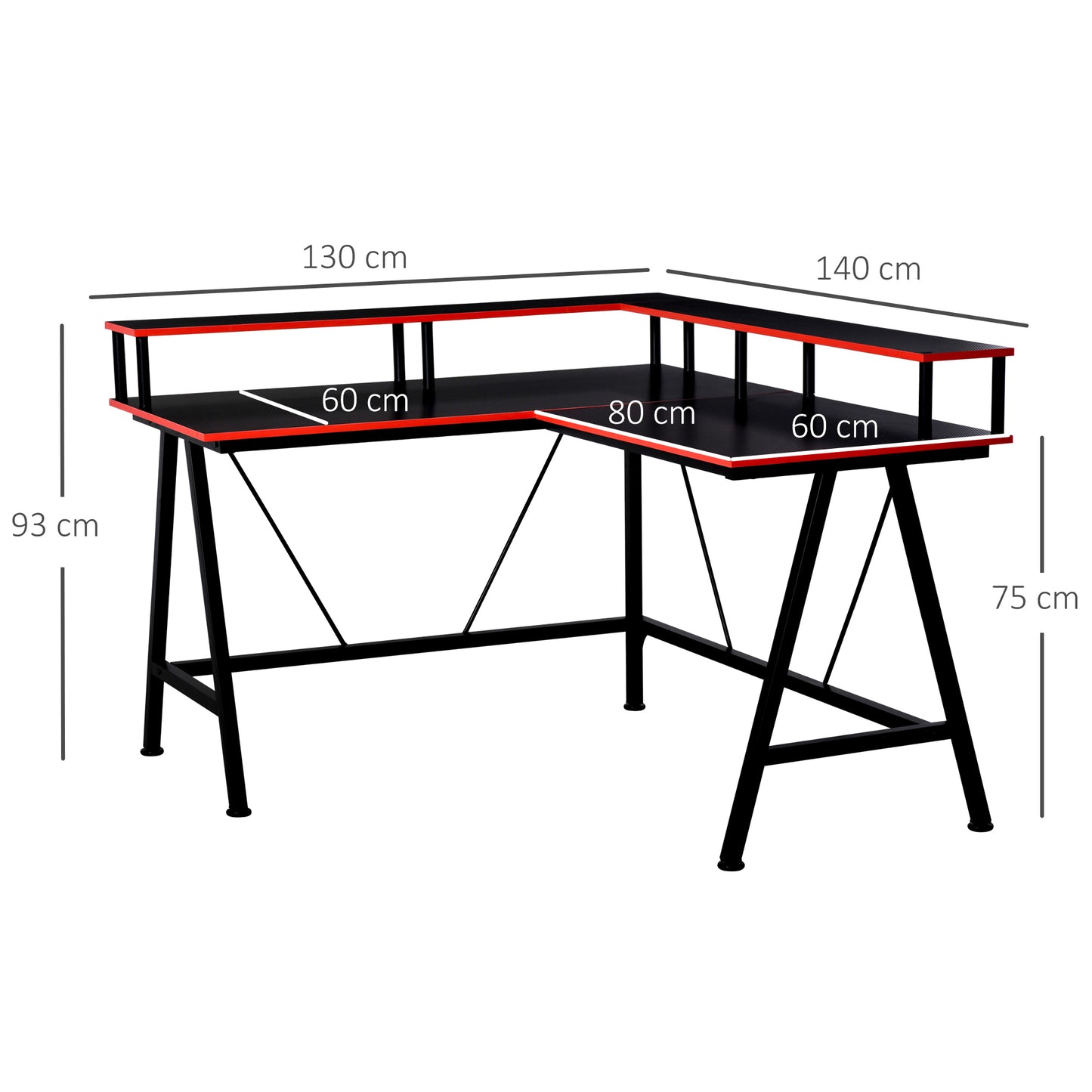 L-Shape Corner Gaming Desk Computer Table with Elevated Monitor Shelf Workstation, Black Red