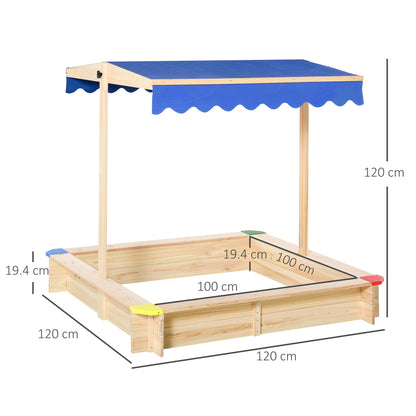 Outsunny Kids Wooden Sandpit Children Cabana Square Sandbox Outdoor Backyard Playset Play Station Adjustable Canopy Bench Seat 120x120x120cm