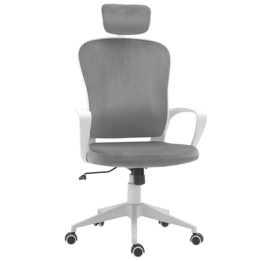 Vinsetto High-Back Swivel Chair Velvet Style Fabric Computer Home Rocking with Wheels, Rotatable Liftable Headrest, Grey