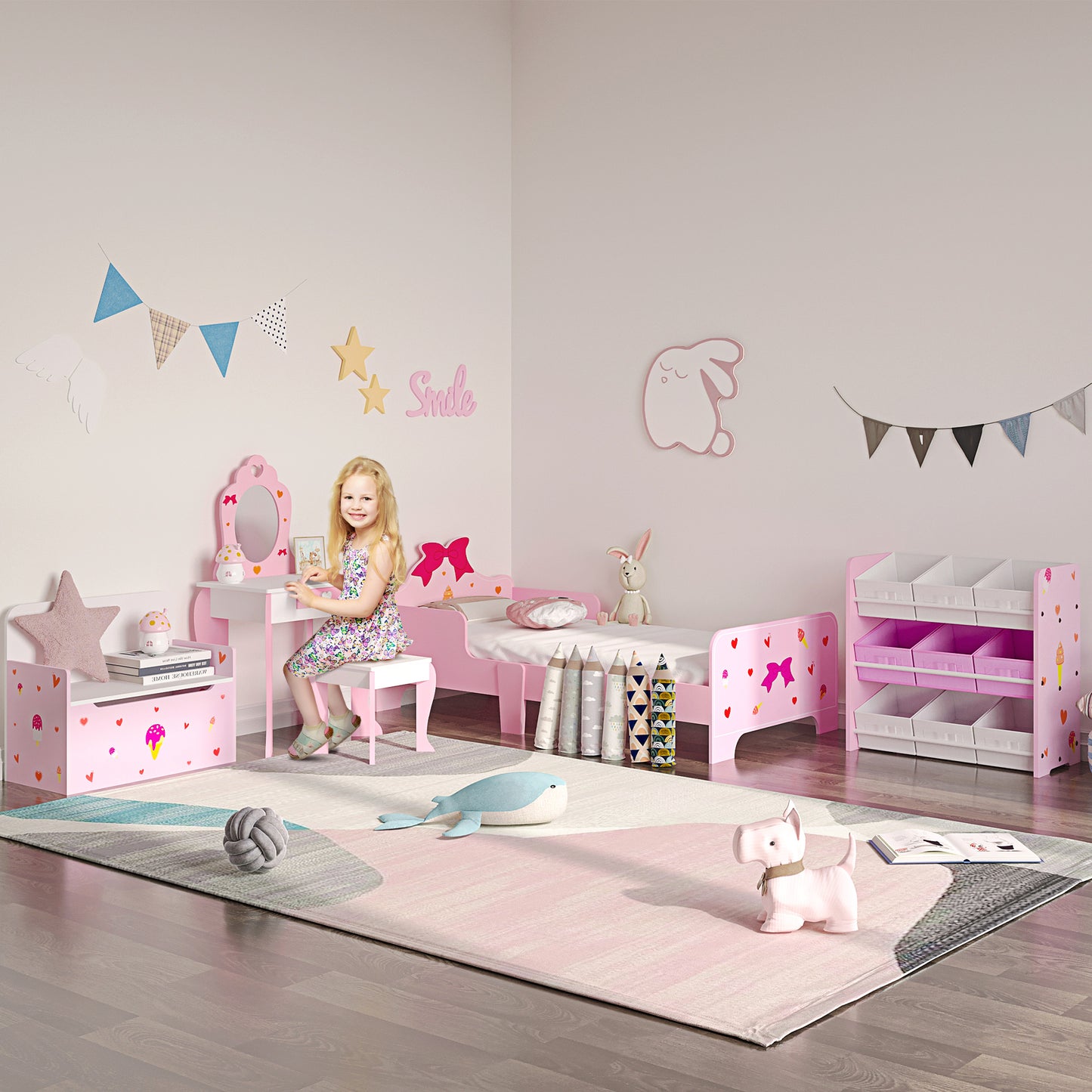 ZONEKIZ Kids Storage Unit with 9 Removable Storage Baskets, Toy Box Organiser with Shelf, Book Shelf for Nursery Playroom, Pink