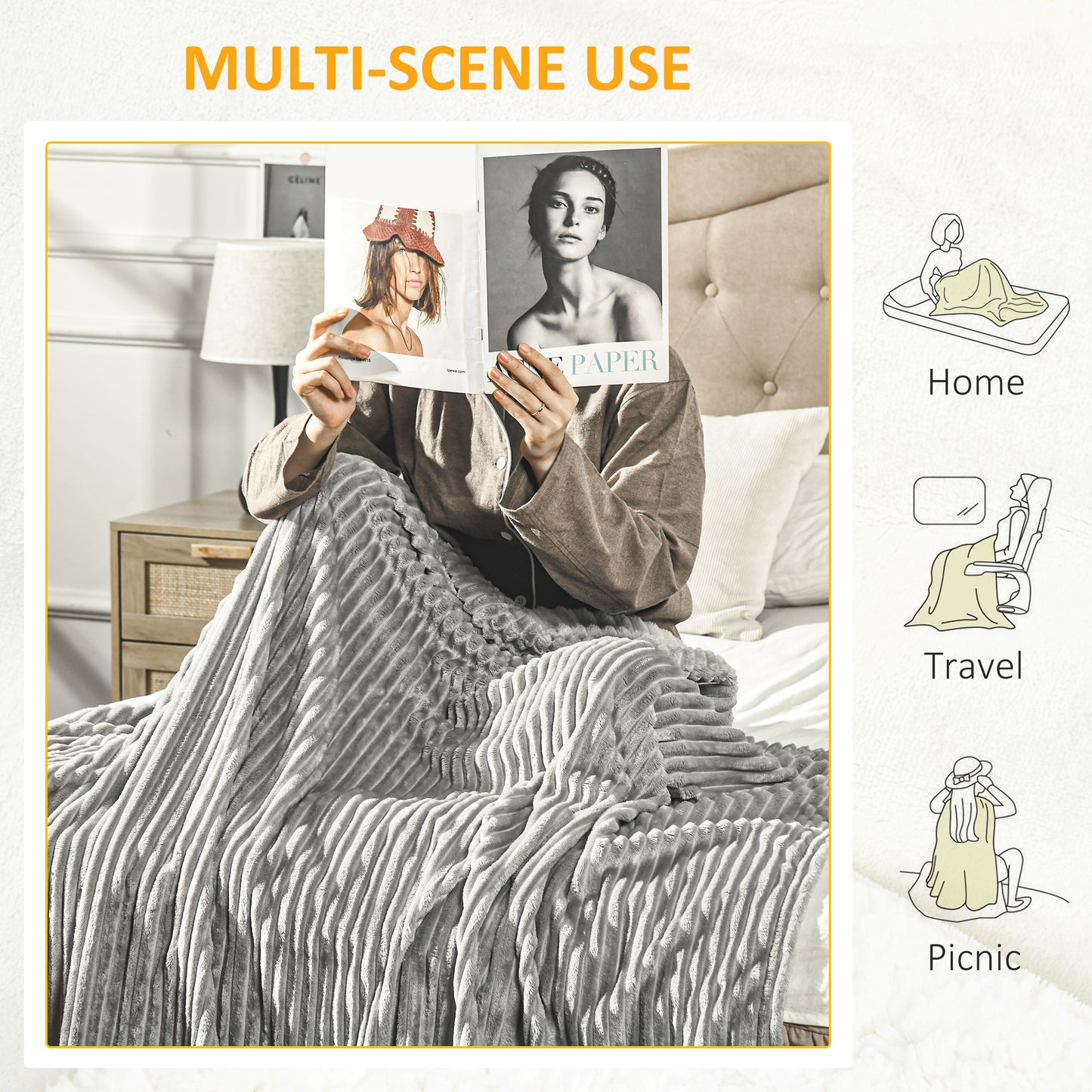 Flannel Fleece Throw Blanket, Fluffy Warm Flannel Blankets, Striped Reversible Travel Bedspread, Single Size, 152 x 127cm, Grey