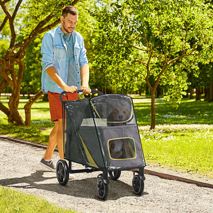 PawHut One-Click Foldable Pet Travel Stroller with Rain Cover, Cat Dog Pushchair with Front Wheels, Shock Absorber, Storage Bags, Mesh