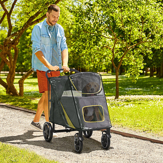 PawHut One-Click Foldable Pet Travel Stroller with Rain Cover, Cat Dog Pushchair with Front Wheels, Shock Absorber, Storage Bags, Mesh
