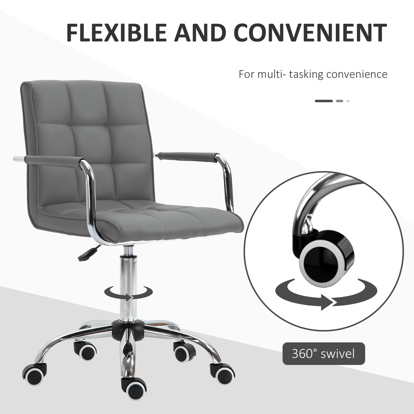 Mid Back PU Leather Home Office Chair | Fixed Armrests | 360° Swivel | 5 Wheels | Height Adjustable 84-99cm | 45x39cm Seat | 120kg | Grey