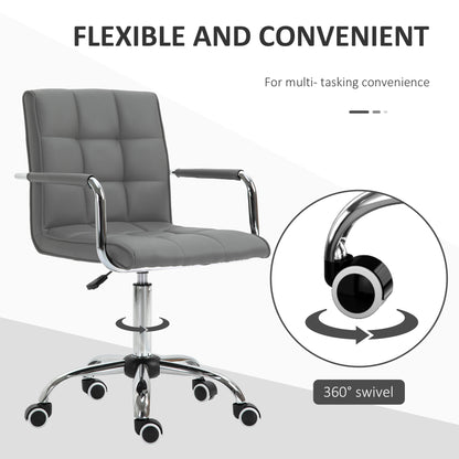 Mid Back PU Leather Home Office Chair | Fixed Armrests | 360° Swivel | 5 Wheels | Height Adjustable 84-99cm | 45x39cm Seat | 120kg | Grey