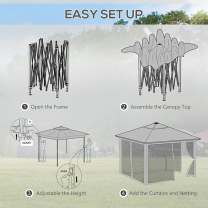 Outsunny 3 x 3(m) Pop Up Gazebo Party Tent with Solar-Powered LED Lights, Adjustable Event Shelter with Curtain, Netting, Grey