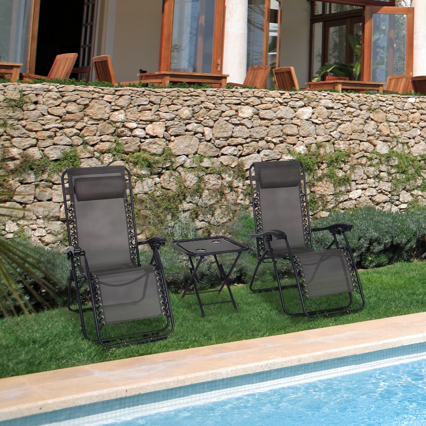Outsunny 3 Piece Folding Zero Gravity Chairs Sun Lounger Table Set w/ Cup Holders Reclining Garden Yard Pool, Dark Grey