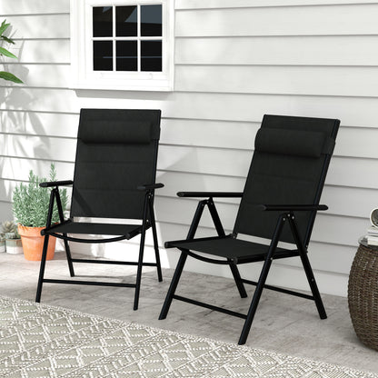 Set of 2 Patio Reclining Folding Aluminium Dining Camping Chairs With Breathable Mesh Fabric Padded Seat And Backrest, Headrest -  Black