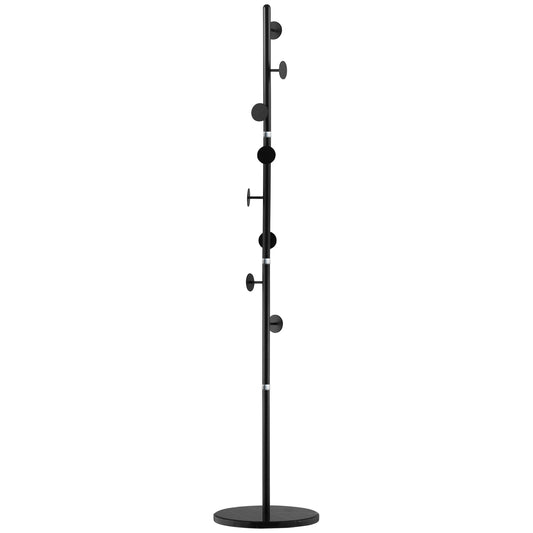 Coat Rack Free Standing Hall Tree with 8 Round Disc Hooks for Clothes, Hats,Purses, Steel Entryway Coat Stand with Marble Base, Black