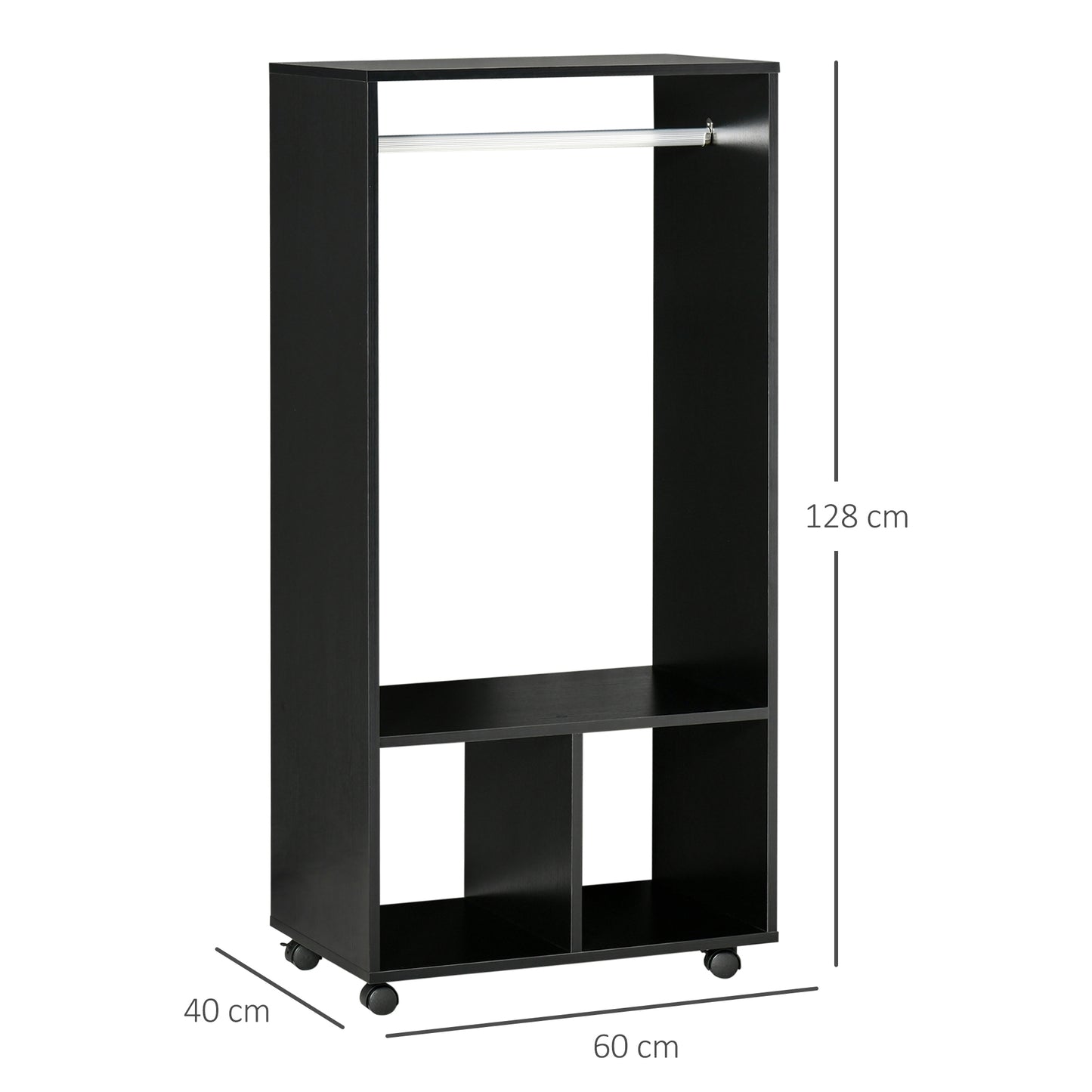 Open Wardrobe with Hanging Rod and Storage Shelves Mobile Garment Rack on Wheels Bedroom, Cloakroom, Black