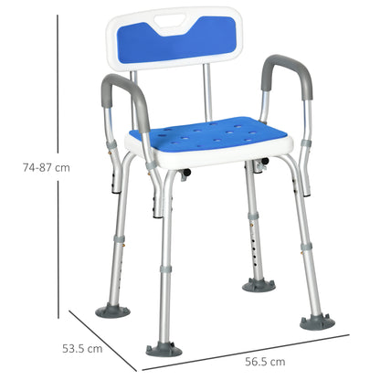 Bathroom Shower Stool Seat EVA Padded, Height Adjustable With Back and Arms, 4 Suction Foot Pads, Blue