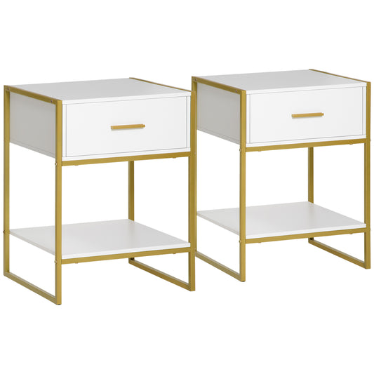 HOMCOM Modern Bedside Table Set of 2, Bedside Cabinet with Drawer Shelf, Nightstands for Bedroom, White