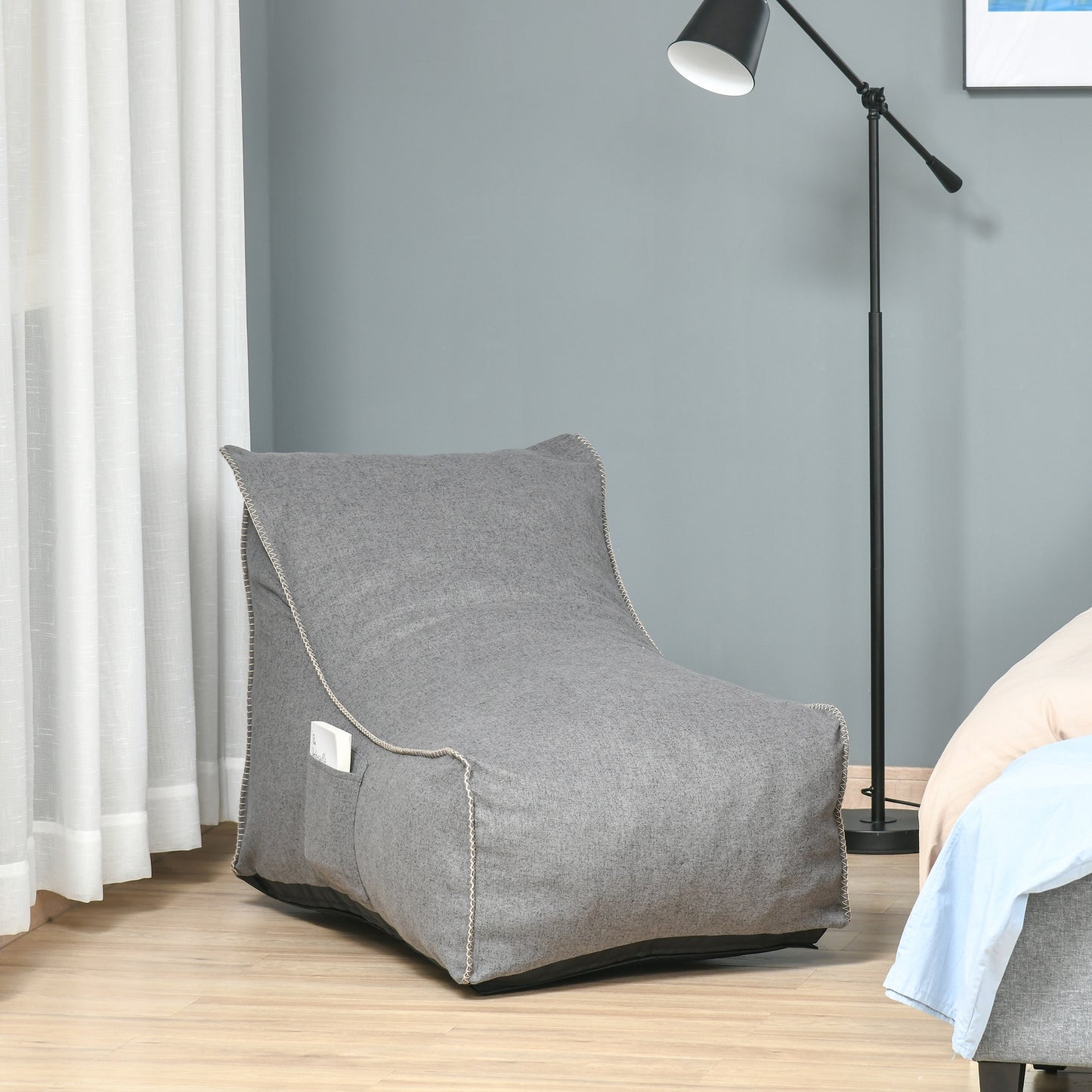 Bean Bag Chair, Large Foam Stuffed lounger Indoor Furniture with Washable Cover, Side Pockets and Backrest, Dark Grey