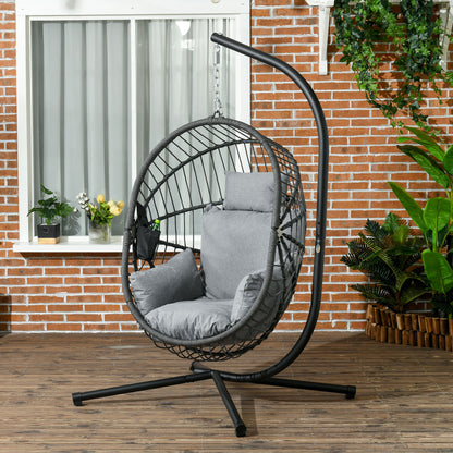 Outsunny Outdoor Patio Hanging Swing Chair, Thick Padded Cushion With Metal Stand, Foldable Basket For Indoor And Outdoor - Grey