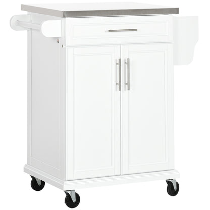 Wooden Freestanding Kitchen Island on Wheels, Serving Cart Storage Trolley with Stainless Steel Top, Drawer, Side Handle and Rack